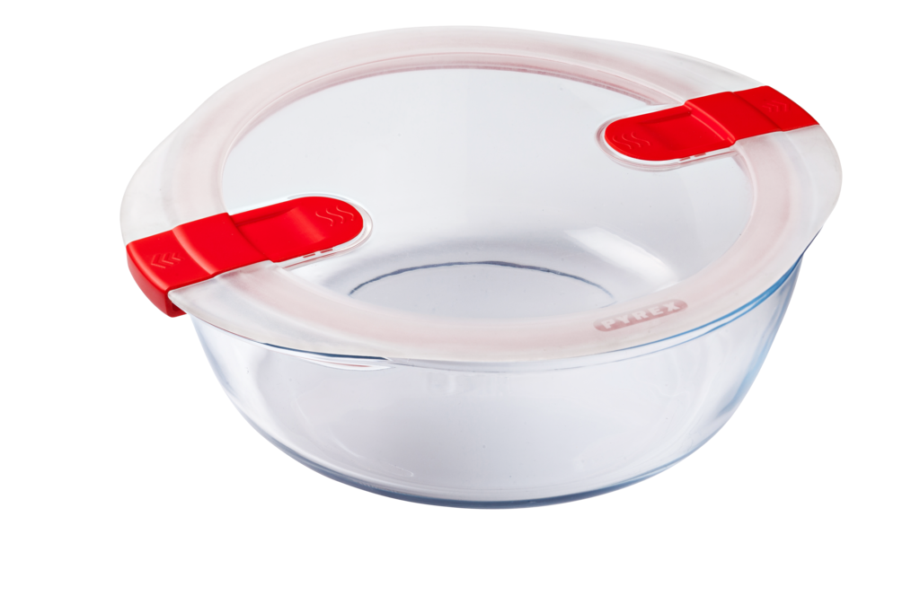 Round glass dish with steam valve lid - Cook  Heat