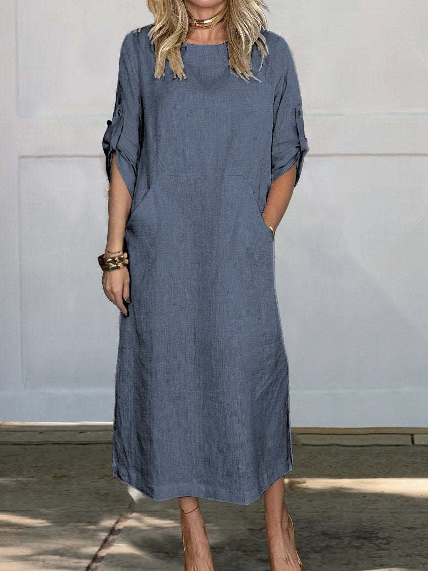 🔥HOT SALE🔥Women Summer Solid Color Linen Cotton Casual Double Side Pocket Dress(ALMOST SOLD OUT)